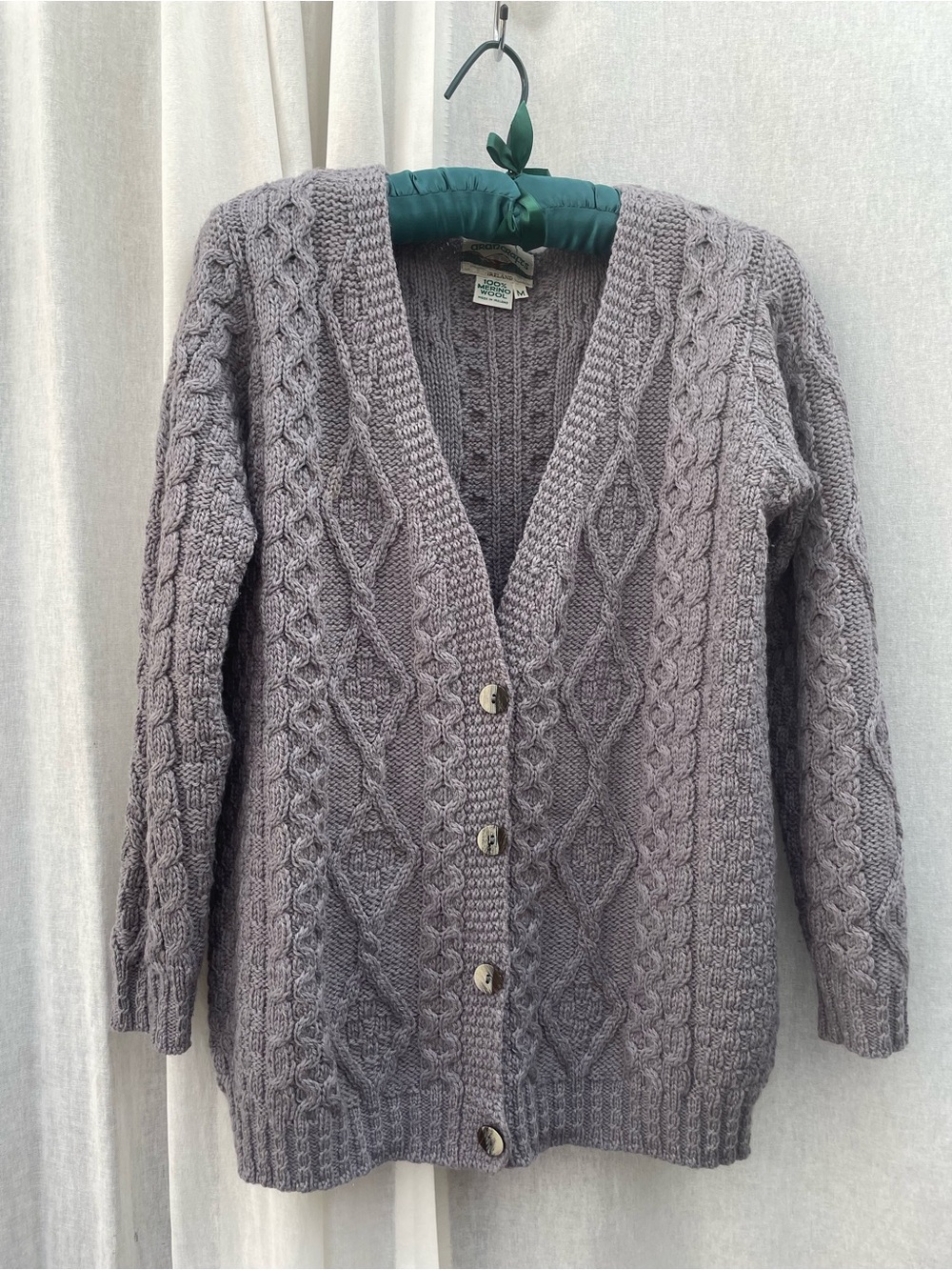 Aran Crafts Ireland Merino Wool Lavender-Gray Front Button Cardigan